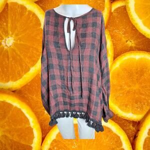 Zara Women's Red Plaid Keyhole Neck Tasseled Long Sleeve Blouse Size‎ S